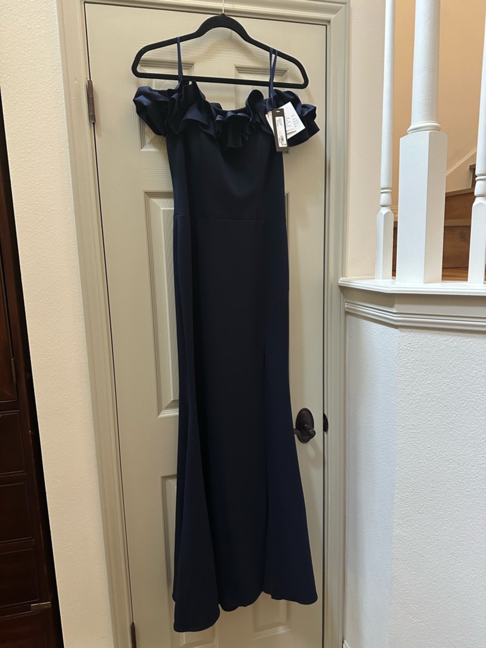 Xscape Navy Strapless Ruffle Evening Gown